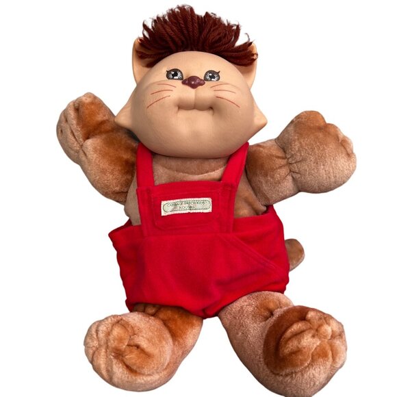 Cabbage Patch Koosas Cat Plush Doll Xavier Roberts Red Overalls Coleco Kids - Picture 1 of 7